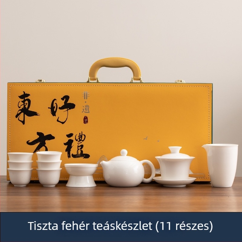 Fehér Dehua porcelán Kung Fu teáskészlet teával és fedeles tálakkal, hat személyre, elegáns ajándék