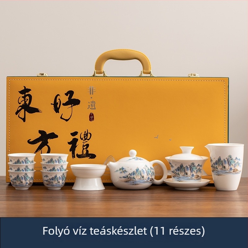 Fehér Dehua porcelán Kung Fu teáskészlet teával és fedeles tálakkal, hat személyre, elegáns ajándék