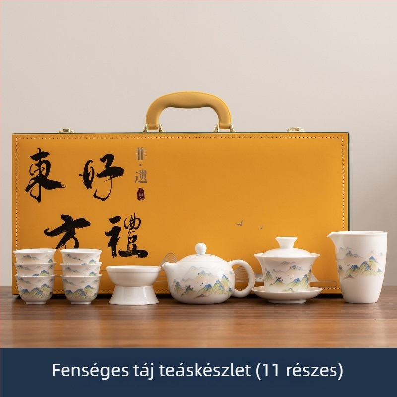 Fehér Dehua porcelán Kung Fu teáskészlet teával és fedeles tálakkal, hat személyre, elegáns ajándék