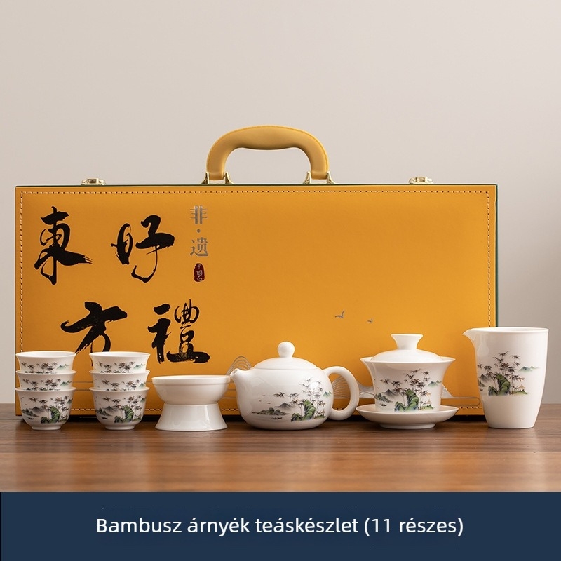 Fehér Dehua porcelán Kung Fu teáskészlet teával és fedeles tálakkal, hat személyre, elegáns ajándék