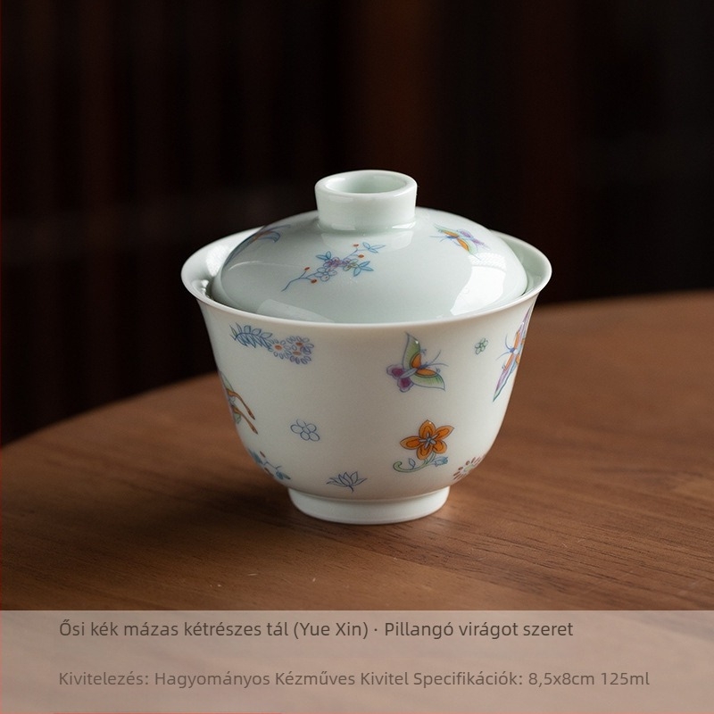 Ősi zöld mázas kerámia gaiwan teásbögré, pillangó-virág motívummal, kis méret, zen stílus, érintésre nem meleg