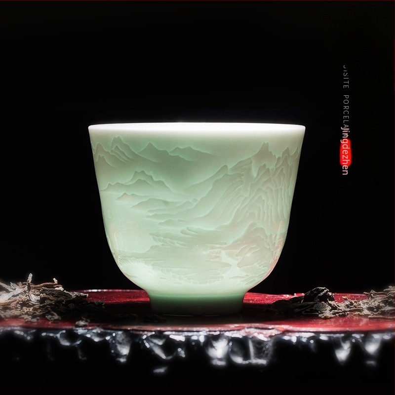 Retro kézzel készített porcelán teáscsésze árnyékzöld mázzal — nagy méretű Gongfu teázócsésze otthoni használatra