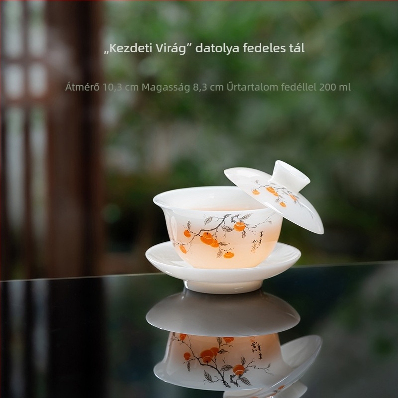 Jégbarázdás nefrit porcelán fedeles teás tál, decal díszítés, kézzel tartható, otthoni használatra, kiváló minőség