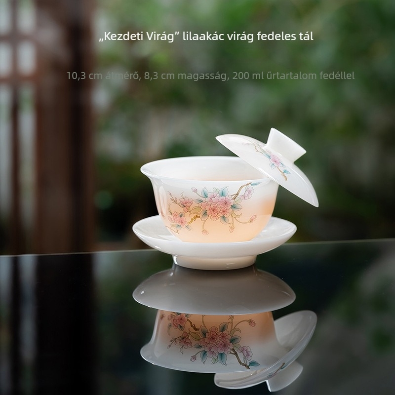 Jégbarázdás nefrit porcelán fedeles teás tál, decal díszítés, kézzel tartható, otthoni használatra, kiváló minőség