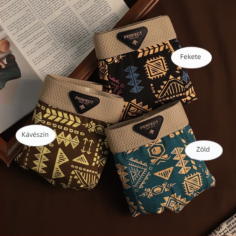 Férfi pamut boxer alsó több darabos készlet, tavasz–nyár, retro totem mintával, légáteresztő, középmagas derék, virágos mintázat