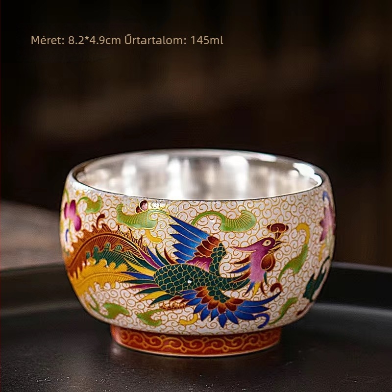 Dehua kerámia Gong Fu teáscsésze sárkány–főnix cloisonné zománccal, aranydrót díszítéssel, egyetlen teáscsésze kóstoláshoz