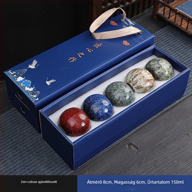 Öt elemű porcelán teáskészlet Tianmu mázzal, Jian Zhan Dragon Egg poharak jégrepedésekkel