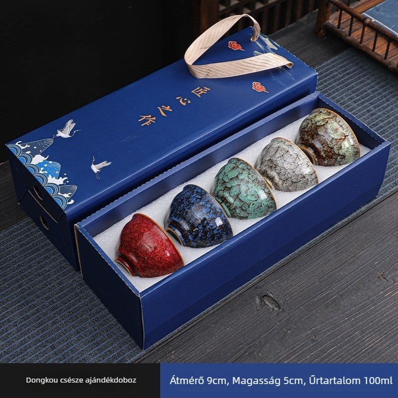 Öt elemű porcelán teáskészlet Tianmu mázzal, Jian Zhan Dragon Egg poharak jégrepedésekkel