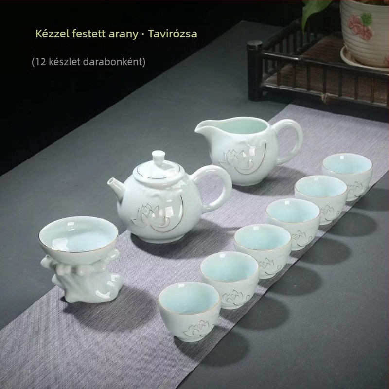Prémium kézzel festett teás készlet celadon és fehér porcelánból: fedeles tál, teáskanna és teáscsészék – teljes kerámia ajándék készlet
