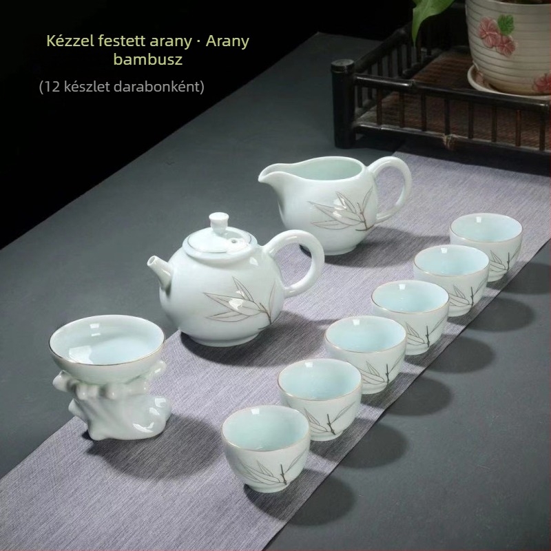 Prémium kézzel festett teás készlet celadon és fehér porcelánból: fedeles tál, teáskanna és teáscsészék – teljes kerámia ajándék készlet