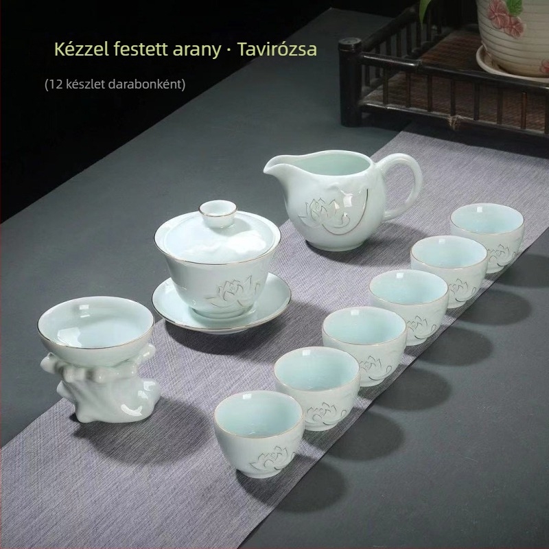 Prémium kézzel festett teás készlet celadon és fehér porcelánból: fedeles tál, teáskanna és teáscsészék – teljes kerámia ajándék készlet
