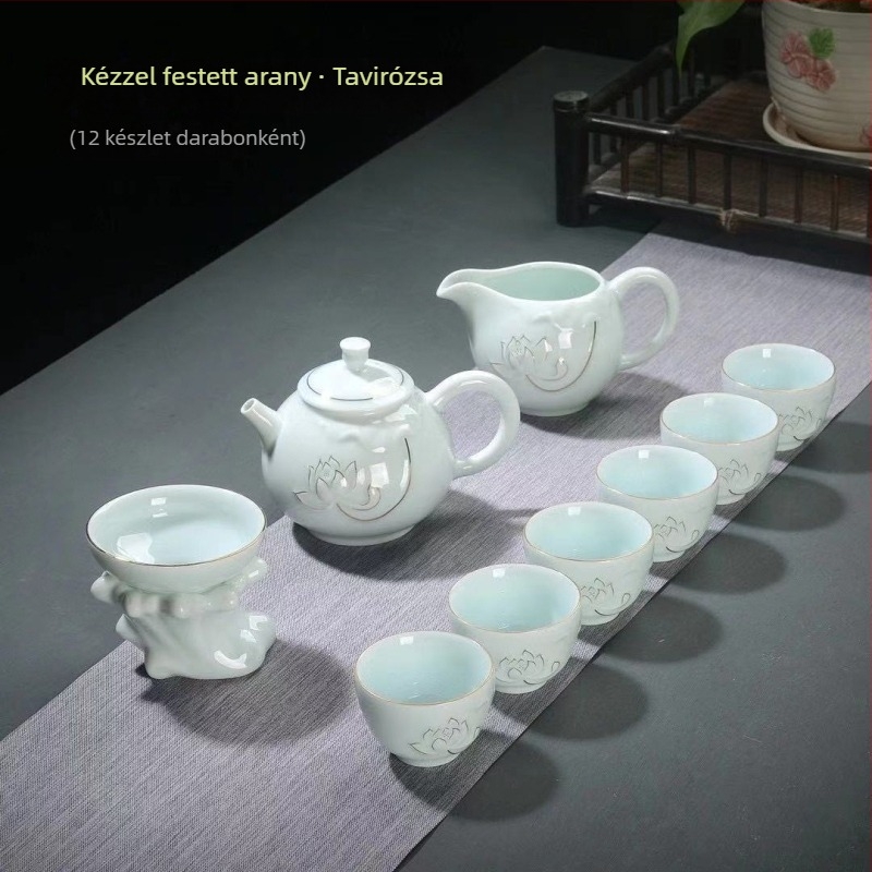 Prémium kézzel festett teás készlet celadon és fehér porcelánból: fedeles tál, teáskanna és teáscsészék – teljes kerámia ajándék készlet