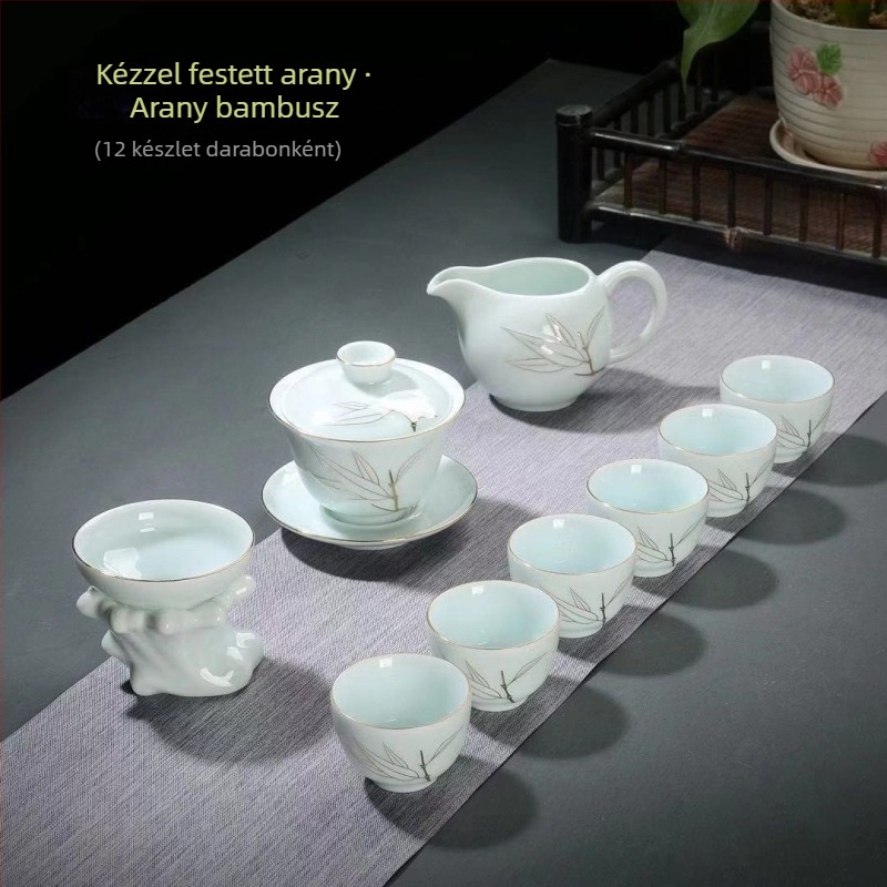 Prémium kézzel festett teás készlet celadon és fehér porcelánból: fedeles tál, teáskanna és teáscsészék – teljes kerámia ajándék készlet
