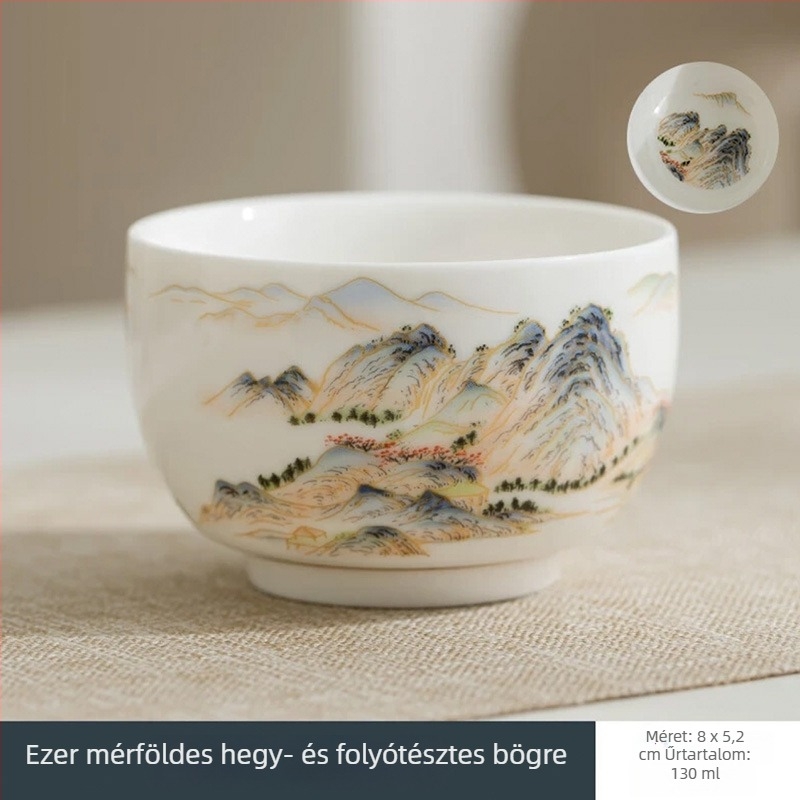 Porcelán teásbowl jade-szerű mázzal és ezer mérföldes táj motívummal, Zen stílusú