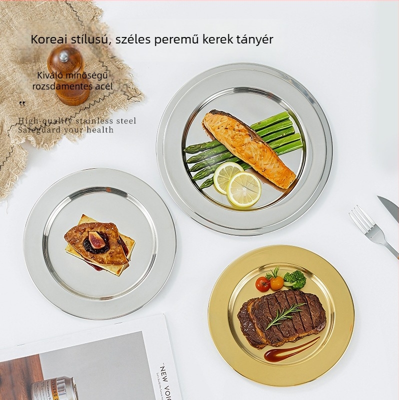 Rozsdamentes acélból készült széles peremű, kerek tál, fényes tükörszerű felülettel; grillhez, nassoláshoz, hot pot-hoz és steak tálalásához; sekély tál