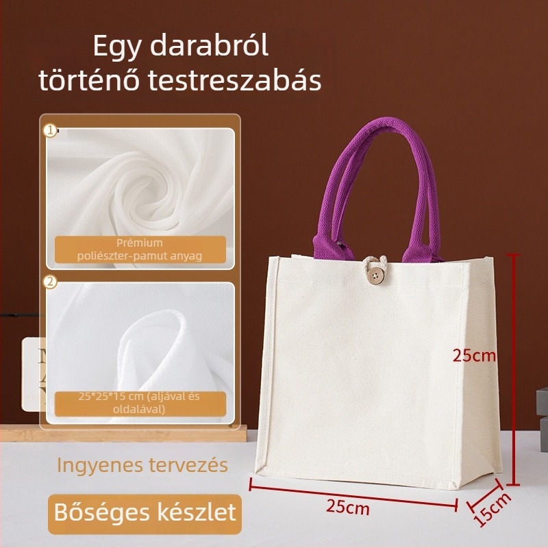 Személyre szabott tote táska bevonatos vászonból, fogantyúval és szalaggal