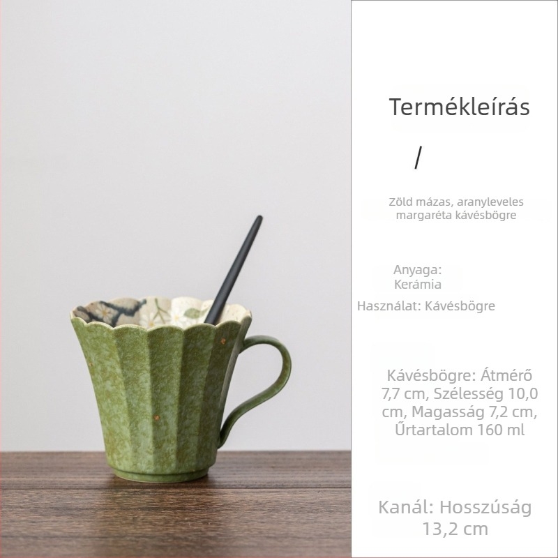 Zöld mázas porcelán kávéscsésze arany díszítéssel és margaréta motívummal, kínai stílusú, otthoni és irodai használatra