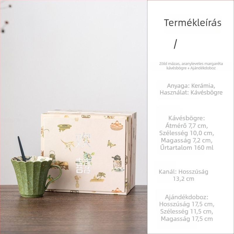 Zöld mázas porcelán kávéscsésze arany díszítéssel és margaréta motívummal, kínai stílusú, otthoni és irodai használatra