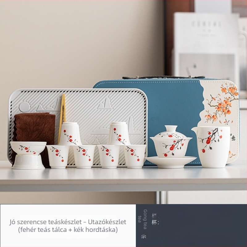 Fehér porcelán teáskészlet jáde ihletésű dizájnnal, bambusz tálcával, testreszabható logóval, ajándék dobozban, 6 személyre
