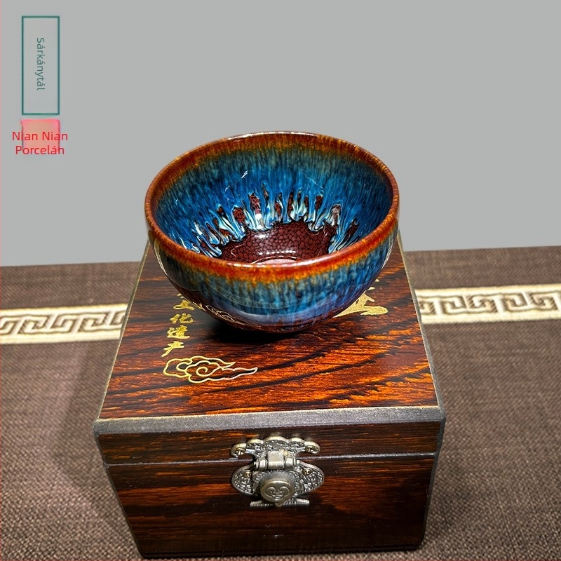 Jianyang Jianzhan Panlongzhan kézzel készített teáscsésze ajándékdoboztban - fekete porcelán