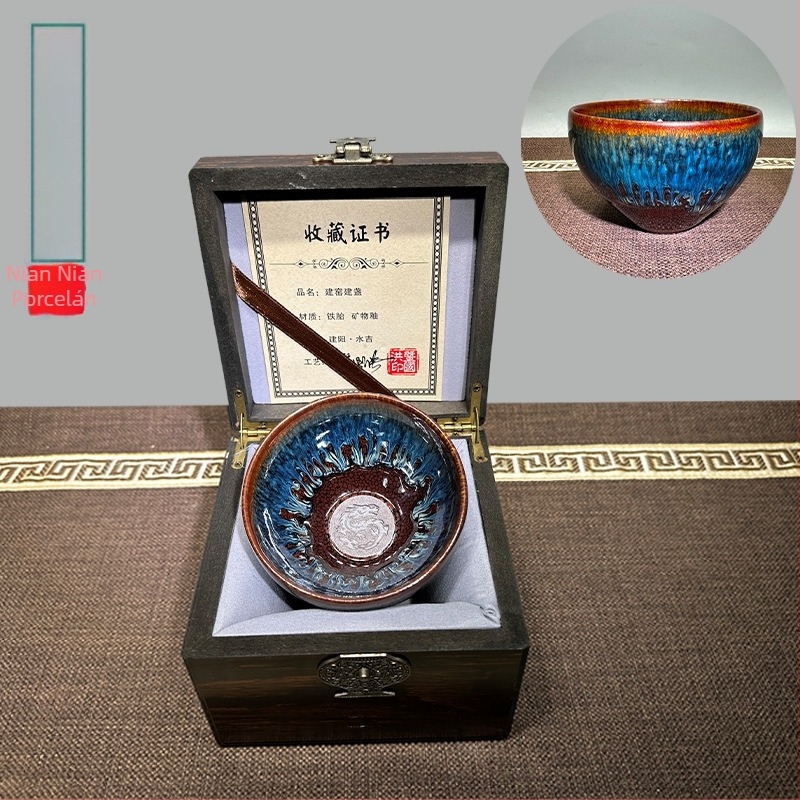 Jianyang Jianzhan Panlongzhan kézzel készített teáscsésze ajándékdoboztban - fekete porcelán