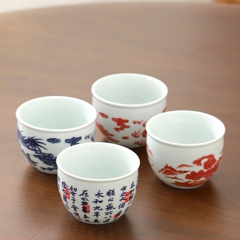Kézzel festett kék-fehér porcelán teáscsésze, kínai stílusú Gongfu teázási eszköz, Lantingji Xu ihletése
