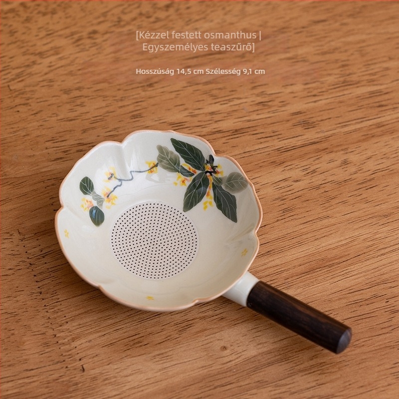 Kézzel festett osmanthus tea szűrő, teljes kerámia háló szűrő, fa nyéllel