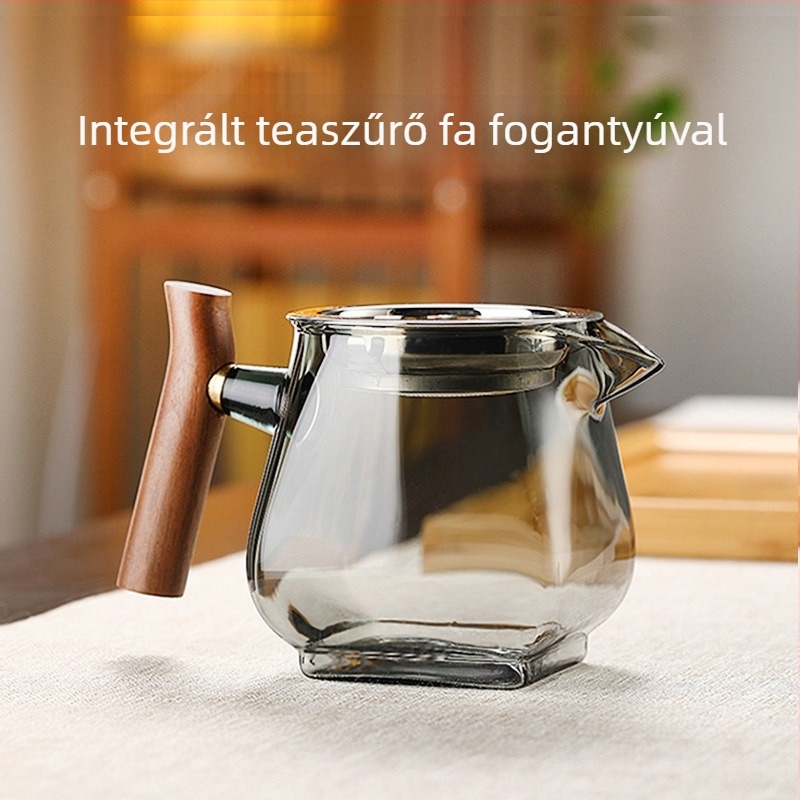 Üvegből készült teás pohár beépített szűrővel és fa fogantyúval