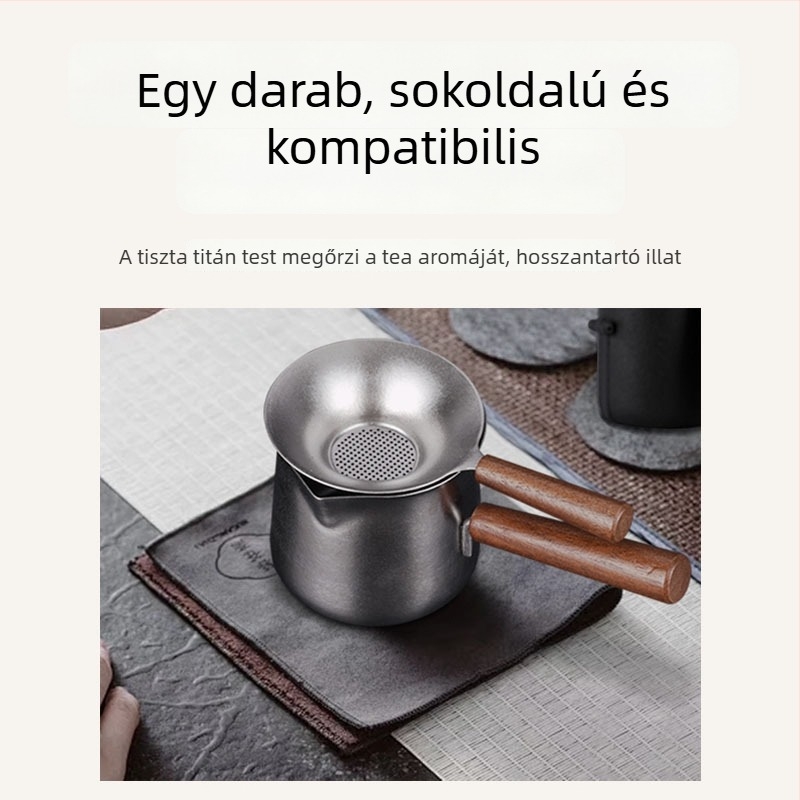 Titánium teáskészlet tiszta titán teáscsészével, teafilterrel és fa oldalsó fogantyúval, szabadtéri utazásokhoz
