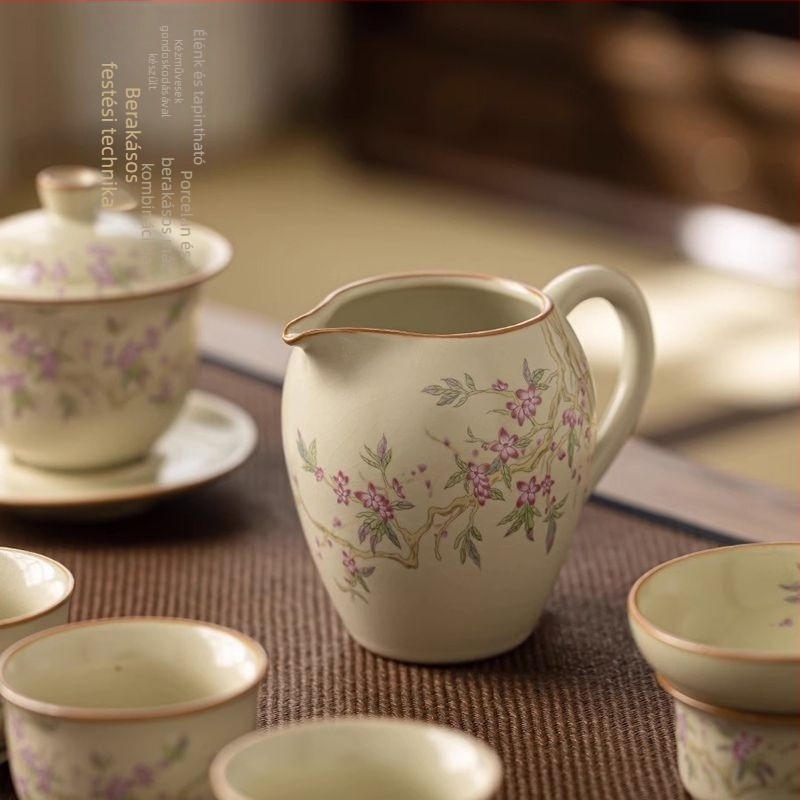 Beige Ru kiln Gongfu teáskészlet — kerámia teás készlet egyensúly pohárral, teás tálcával és tea szűrővel otthoni használatra