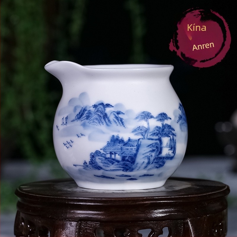 Jingdezhen kézzel festett kék-fehér porcelán kupa táj motívummal, Kung Fu teás készlethez