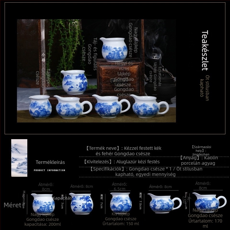 Jingdezhen kézzel festett kék-fehér porcelán kupa táj motívummal, Kung Fu teás készlethez