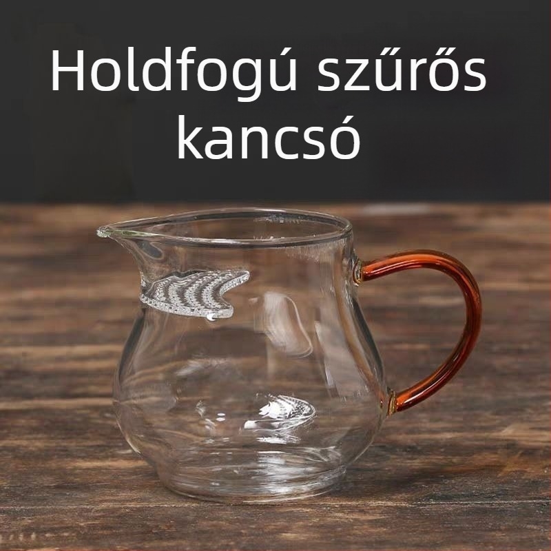 Hőálló üvegből készült vastag hold alakú tea készlet, nagy kapacitású teáscsészével és beépített szűrővel