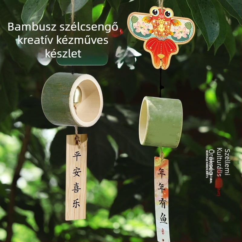 Bambuszcső szélharangok és bambusz szőtt harangok, kínai stílusú függő dekorációk, DIY kézműves készlet