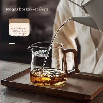 Hőálló üveg teáscsésze beépített szűrővel és félhold alakú pohárral a tea és víz szétválasztásához