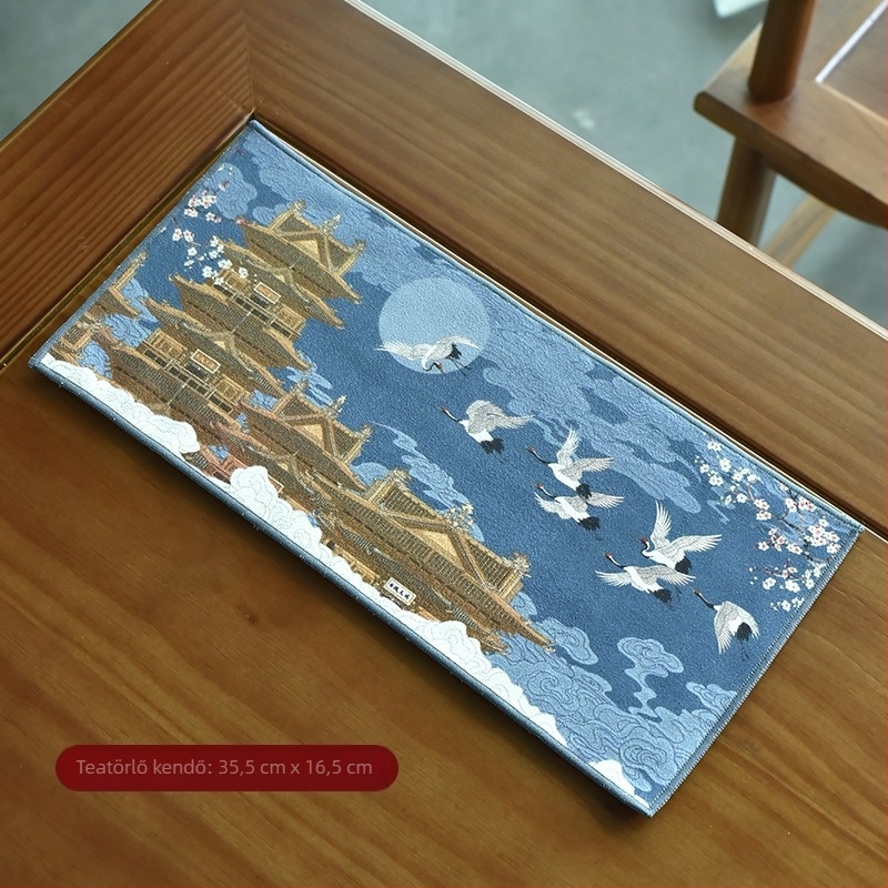 Abszorbens plüss teás törlőkendő, palotai stílusú zen motívummal, kis négyzet alakú kendő 36×17 cm, vastagabb teaasztal-matrac, teaceremónia kiegészítő