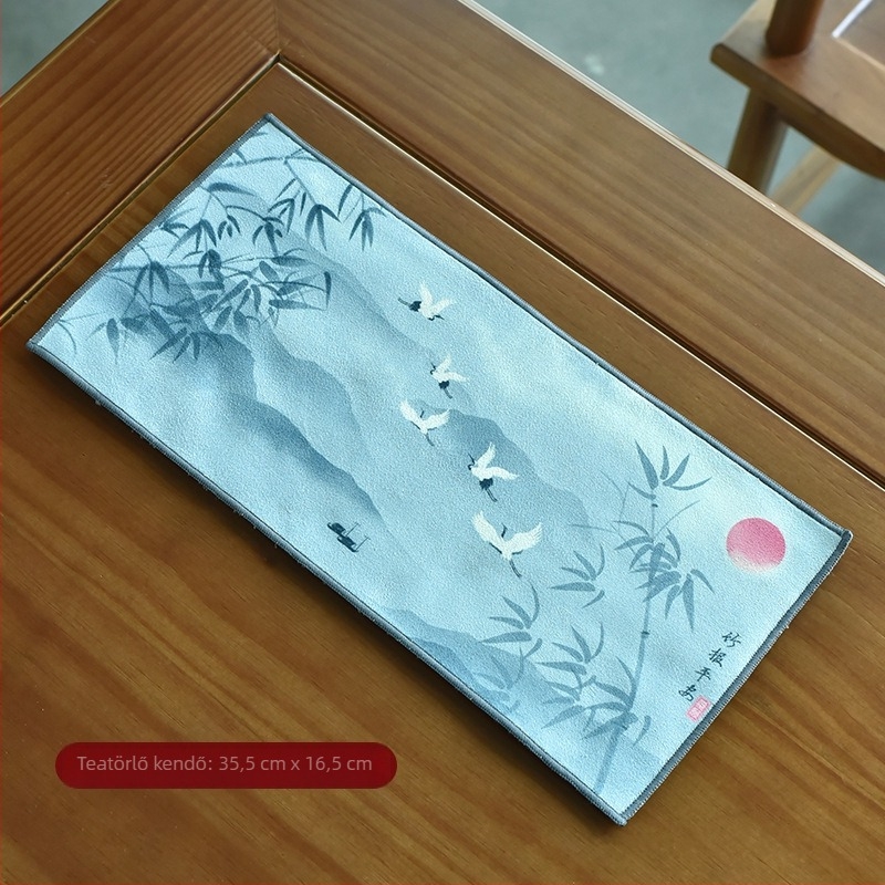 Abszorbens plüss teás törlőkendő, palotai stílusú zen motívummal, kis négyzet alakú kendő 36×17 cm, vastagabb teaasztal-matrac, teaceremónia kiegészítő
