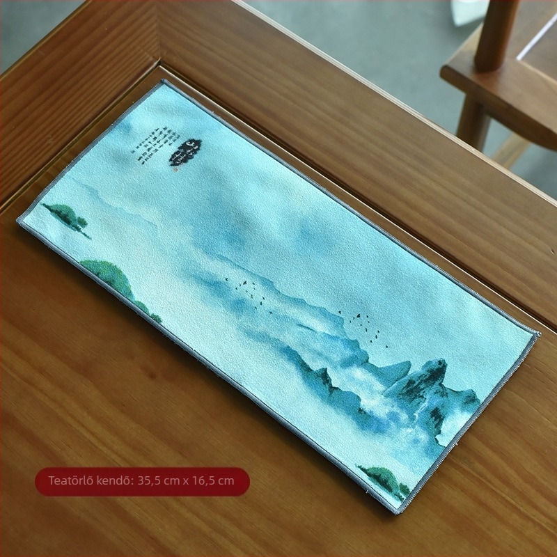 Abszorbens plüss teás törlőkendő, palotai stílusú zen motívummal, kis négyzet alakú kendő 36×17 cm, vastagabb teaasztal-matrac, teaceremónia kiegészítő