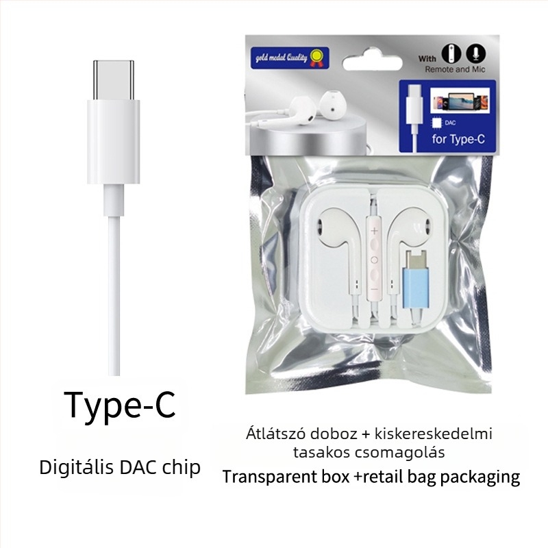 Vezetékes in-ear fülhallgató vezérléssel, Type-C digitális dekódolással, 3.5 mm AUX, Apple és Samsung készülékekhez