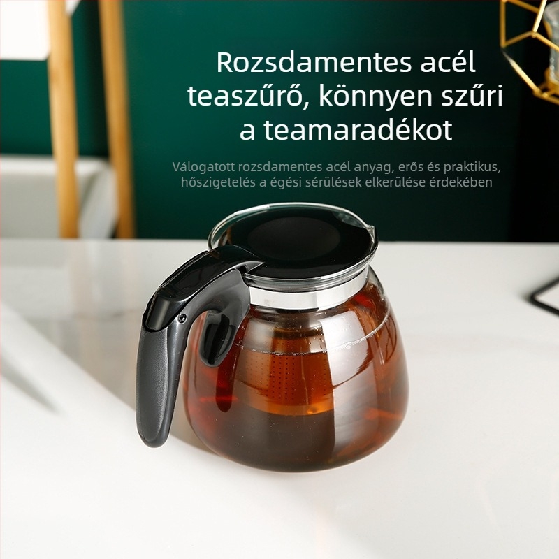 Üveg teáskanna, magas hőmérséklet-álló, virágtea készítéséhez, többfunkciós teáskanna rozsdamentes acél szűrővel