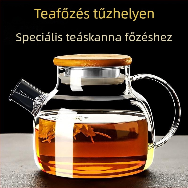 Boroszilikát üveg teáskanna bambusz fedéllel virágtea főzéséhez, nagy átmérőjű, hőálló.