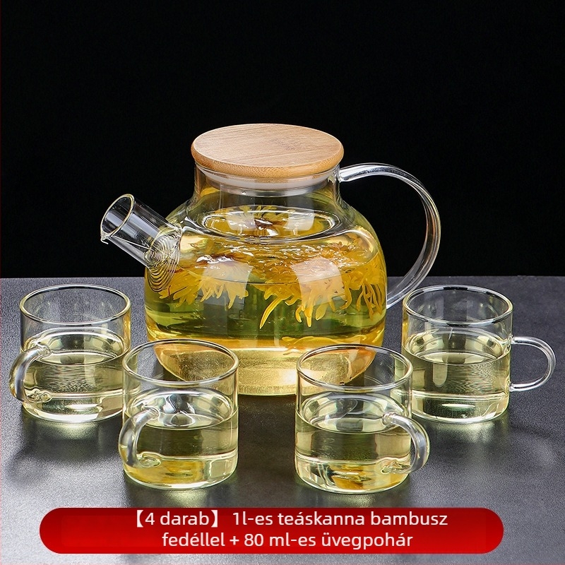 Boroszilikát üveg teáskanna bambusz fedéllel virágtea főzéséhez, nagy átmérőjű, hőálló.