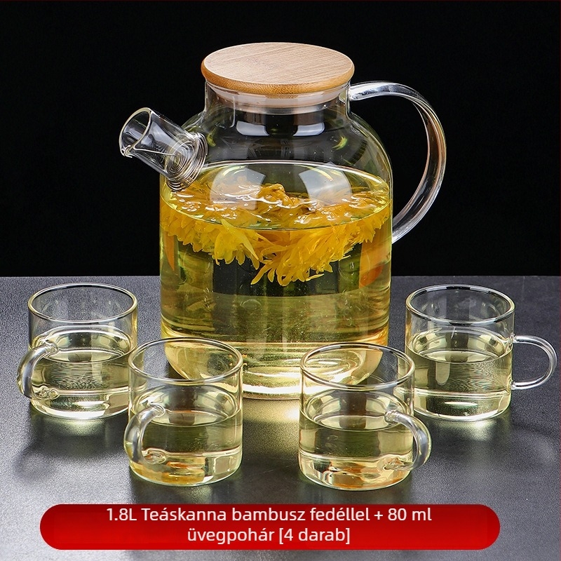 Boroszilikát üveg teáskanna bambusz fedéllel virágtea főzéséhez, nagy átmérőjű, hőálló.