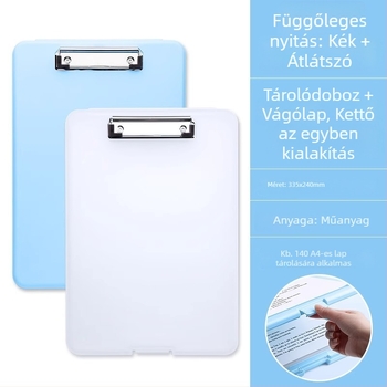 A4-es mappa írásfelülettel, tároló doboz és erős klipek; táblaklipek; tesztlapok rendezője általános iskolások számára.