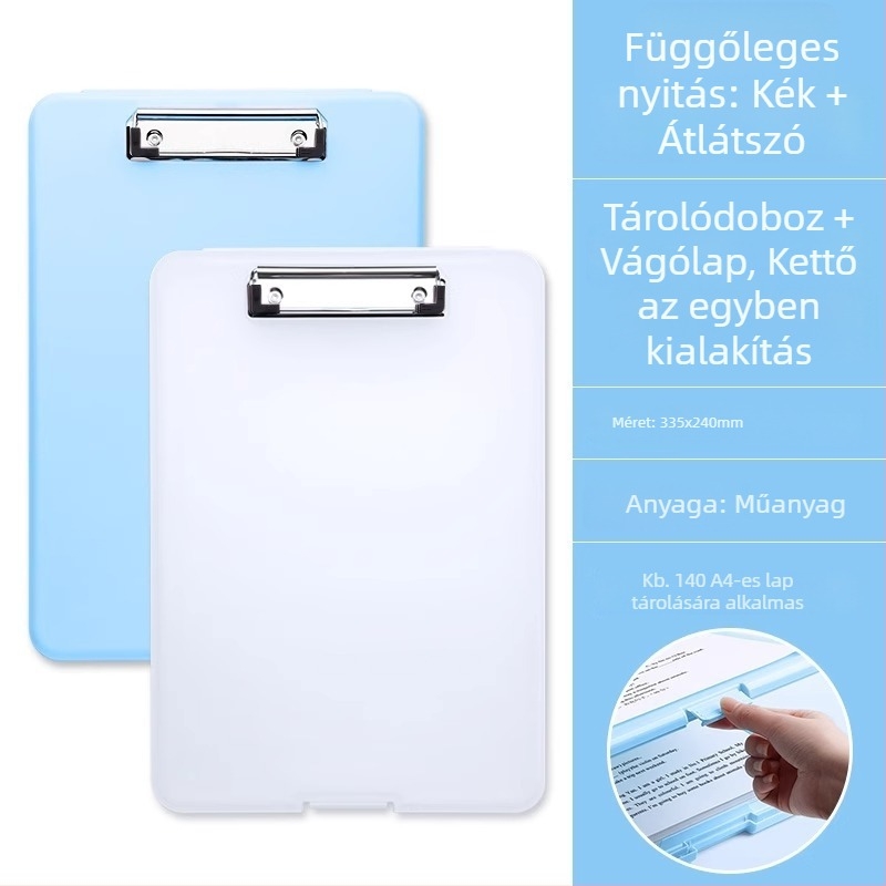 A4-es mappa írásfelülettel, tároló doboz és erős klipek; táblaklipek; tesztlapok rendezője általános iskolások számára.