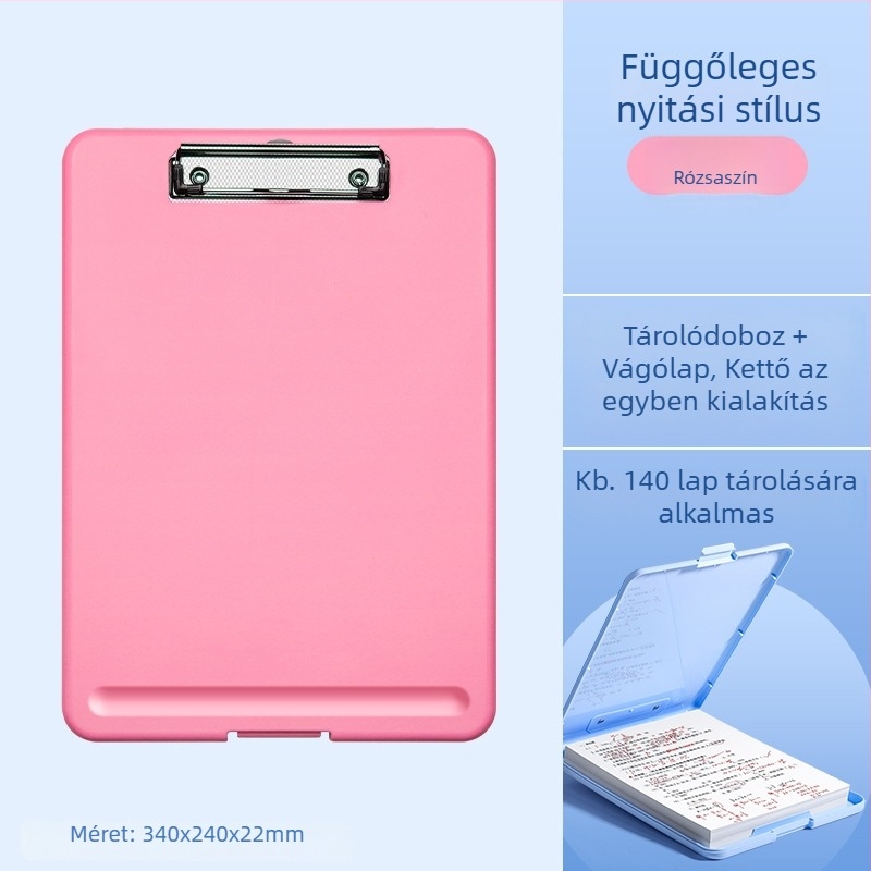 A4-es mappa írásfelülettel, tároló doboz és erős klipek; táblaklipek; tesztlapok rendezője általános iskolások számára.