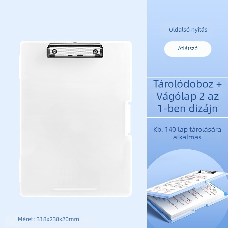 A4-es mappa írásfelülettel, tároló doboz és erős klipek; táblaklipek; tesztlapok rendezője általános iskolások számára.