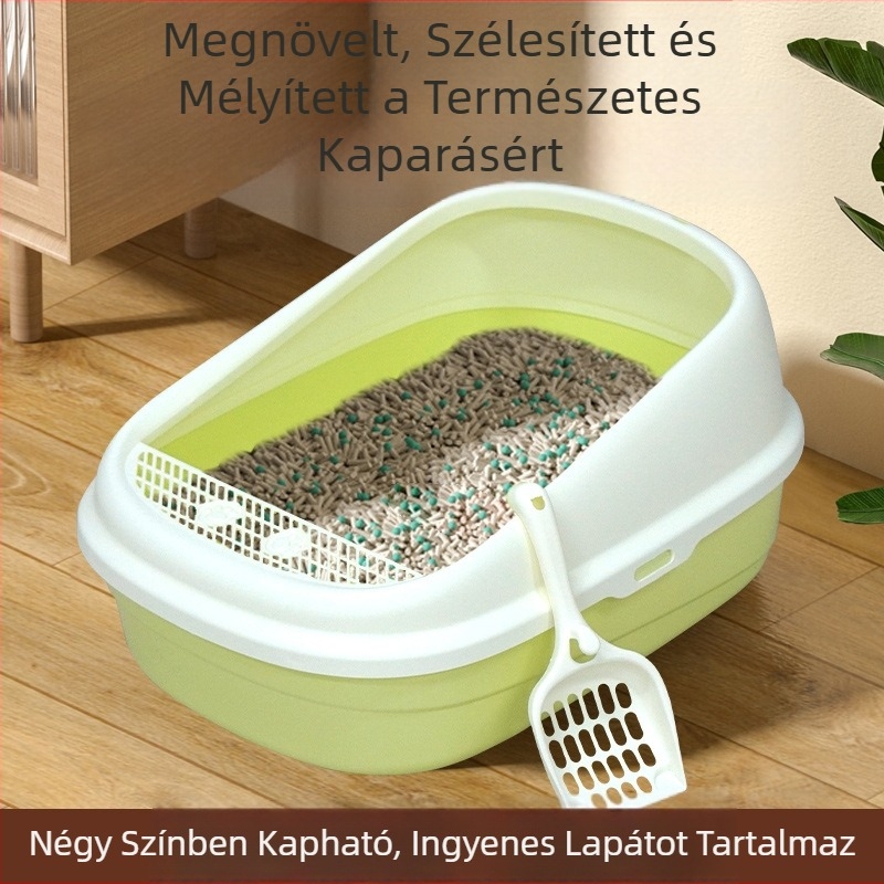 Félig nyitott macska toaletta magas oldalfallal és anti-fröccs dizájnnal, nagy testű macskáknak