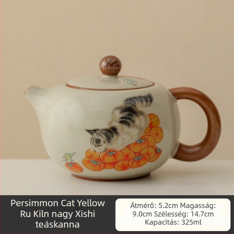 Beige Ru Kiln Kung Fu teáskészlet, Persimmon Cat dizájn, teljes ajándékdoboza ünnepi kiadásra