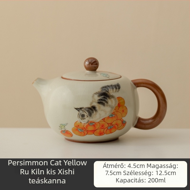 Beige Ru Kiln Kung Fu teáskészlet, Persimmon Cat dizájn, teljes ajándékdoboza ünnepi kiadásra